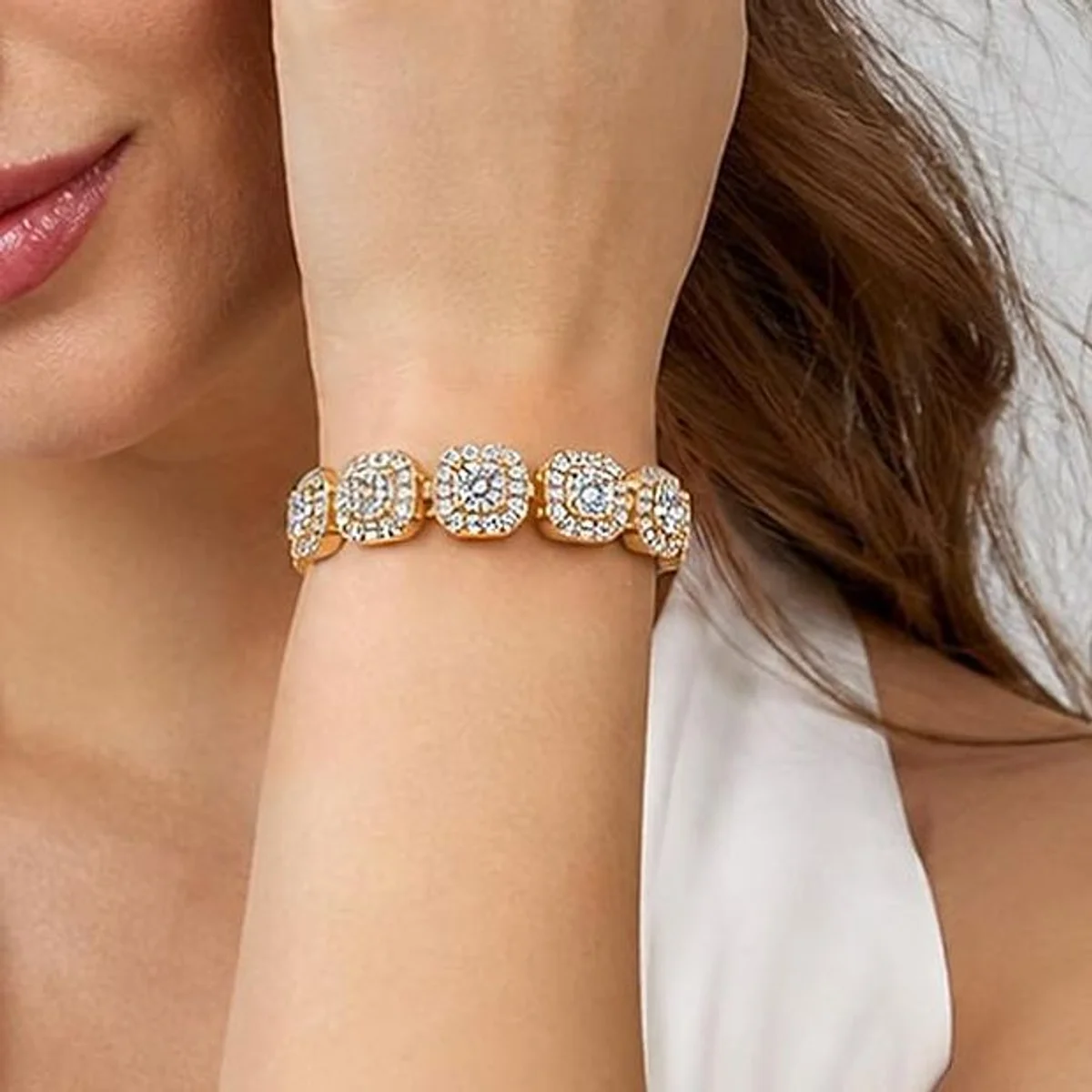 Pulsera tennis cluster octagonal dorada 20 cm
