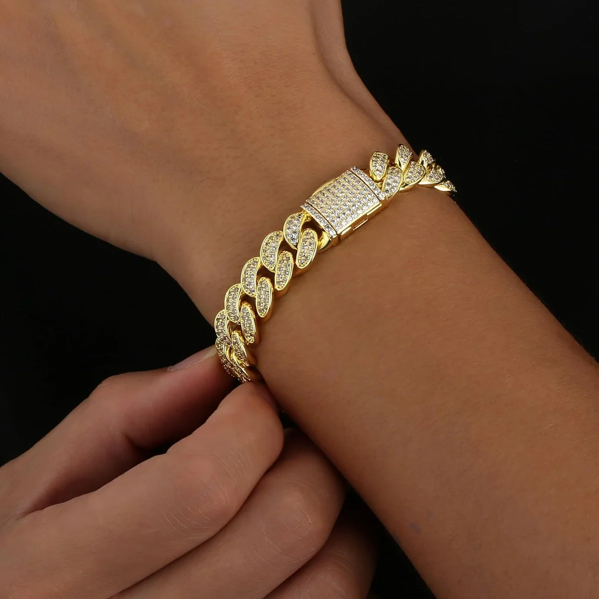 Pulsera cubana Miami iced 11 mm dorada 20 cm