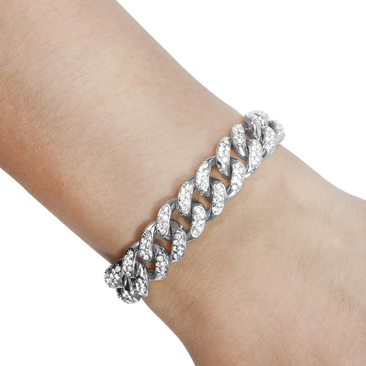 Pulsera cubana Miami iced 11 mm plateada 20 cm